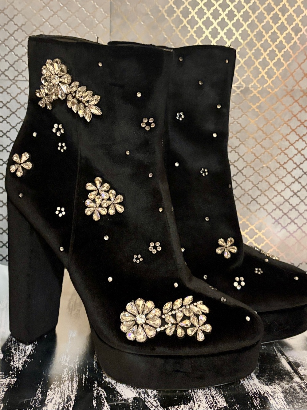 Black Velvet Platform Boots with Rhinestones